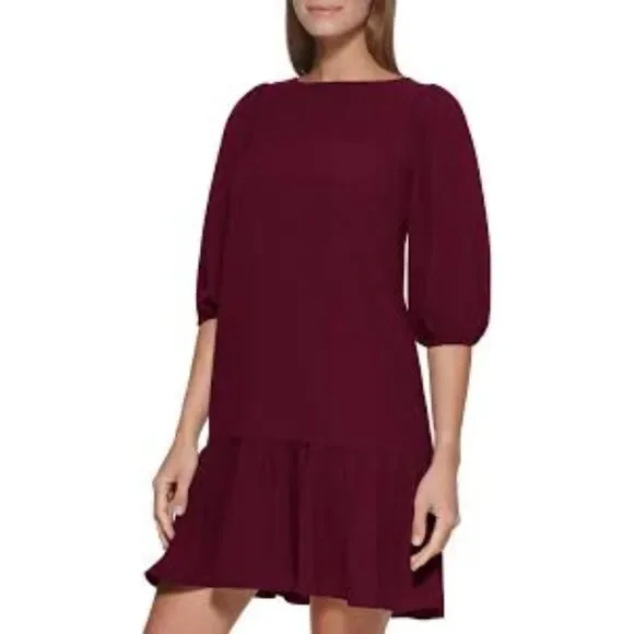 DKNY Plum Shift Dress Sz 6 Lined Ruffle Blubble Sleeve Romantic Date Night NWOT - Picture 1 of 6